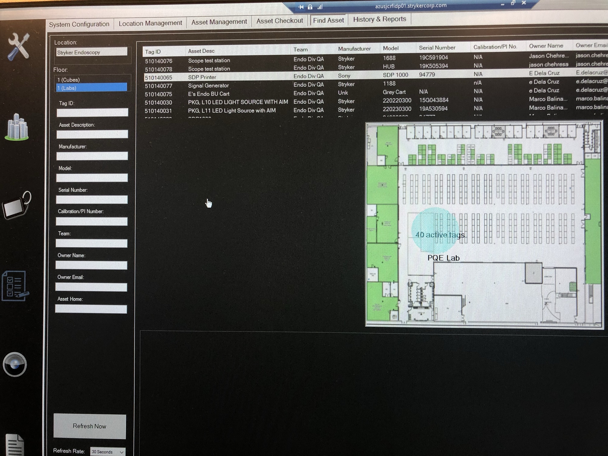 Early prototype of the RFID asset tracking system for real-time location tracking at the San Jose Stryker site, replacing manual equipment search.